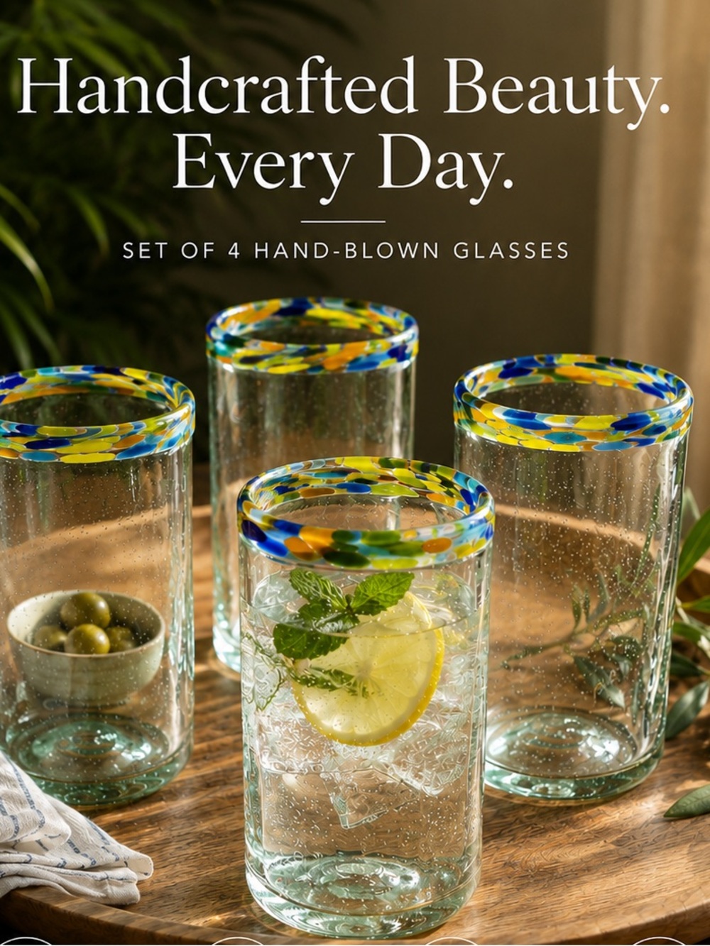 Artisan Confetti Handblown Drinking Glasses - Unique Colorful Rim (Set of 4)